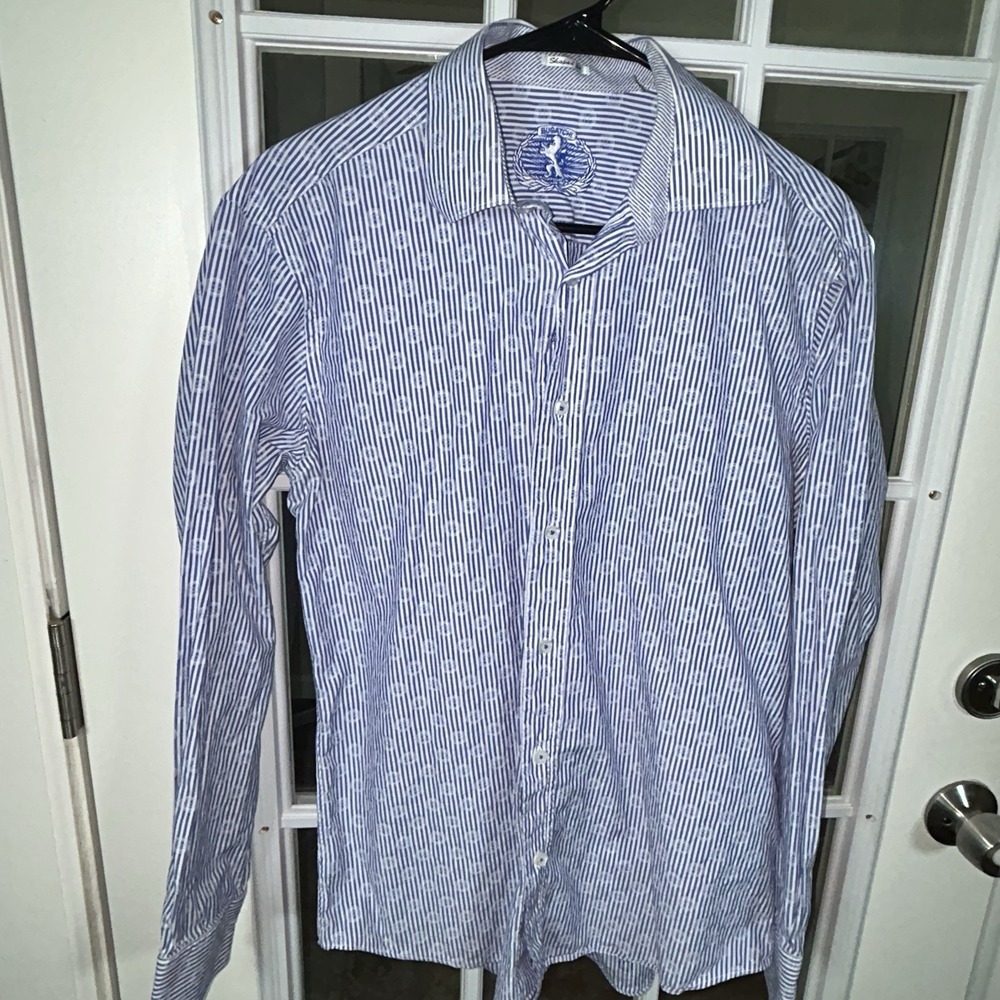 Bugatchi‎ Shaped Fit Blue White Stripe Medallion Print Dress Shirt Men's Medium - Picture 3 of 16